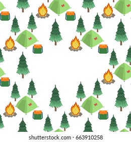 Campsite. Vector seamless pattern. Tent, bonfire, trees, backpacks. Isolated on white  background