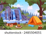 Campsite view. Wild nature camping landscape with tent and campfire, summer forest camp flat vector illustration. Cartoon camping view