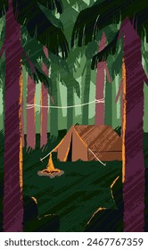 Afiche de la Vertical del camping en bosque. Fogata en el campamento con tienda de trekking en la hierba entre los árboles. Relájese por la noche durante la caminata en el bosque, mochilero en la naturaleza salvaje. Ilustración vectorial plana