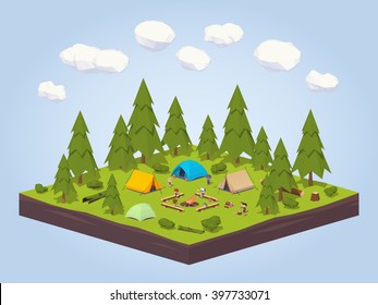 Campsite In The Woods. 3D Lowpoly Isometric Vector Concept Illustration