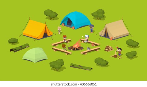 Campsite in the woods. 3D lowpoly isometric vector concept illustration