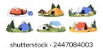 Campsites with tents set. Camping, place for rest in hiking. Campground with campfire. Halt during trekking. Recreation in nature, relax outdoor. Flat isolated vector illustrations on white background