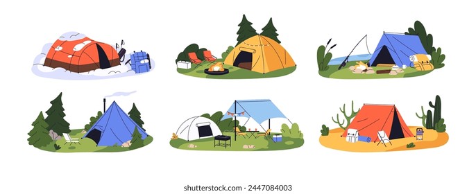 Campsites with tents set. Camping, place for rest in hiking. Campground with campfire. Halt during trekking. Recreation in nature, relax outdoor. Flat isolated vector illustrations on white background