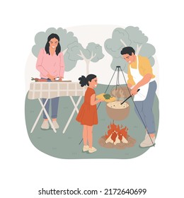 Camp-style cooking isolated cartoon vector illustration. Cooking healthy food on campfire, family camp kitchen, pot boiling on open fire, slicing vegetables, mixing in boiler vector cartoon.