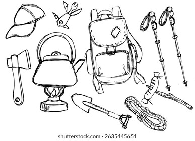 Camp-themed doodles with outdoor equipment and nature elements  