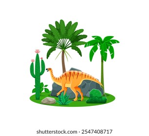 Caráter de dinossauro pré-histórico de Camptosaurus com palmas e cactos. Desenho animado dino jurássico, engraçado lagarto dinossauro animal vetor personagem com árvores da floresta pré-histórica, plantas e pedra