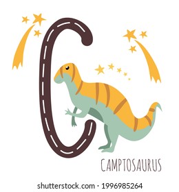 Camptosaurus.Letter C with reptile name.Hand drawn cute herbivores dinosaur.Educational prehistoric illustration.Dino alphabet.Sketch Jurassic,Mesozoic animal.Childish funny comic font.Enjoy learning