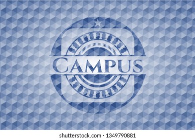 Campus blue emblem with geometric background.