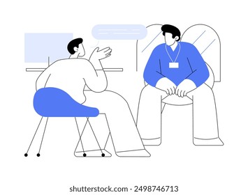 Concejal del campus Ilustraciones vectoriales de dibujos animados aislados. El muchacho joven resuelve sus problemas con el concejal del campus, discutiendo temas, proceso educativo, caricatura del Vector de vida estudiantil universitario.