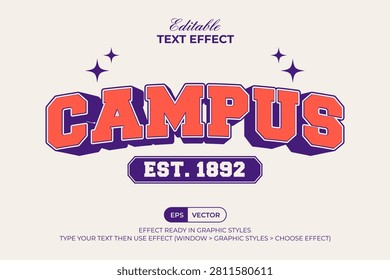 Campus Editable Text Effect Varsity 3D Curved Style. Editable Text Effect.