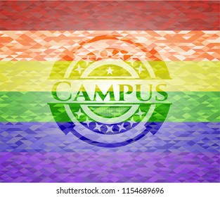 Campus emblem on mosaic background with the colors of the LGBT flag