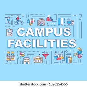 Campus facilities word concepts banner. University infrastructure. Student living. Infographics with linear icons on blue background. Isolated typography. Vector outline RGB color illustration