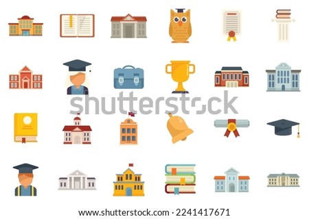 Campus icons set flat vector. University college. Academy education isolated