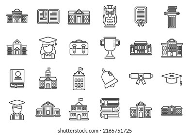 Los iconos del campus establecen el vector de contorno. Universidad. Educación académica