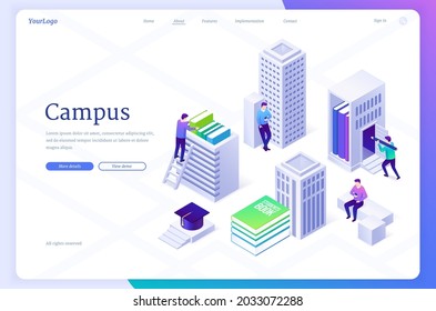 Campus isometric landing page. Education in university or college, knowledges concept. Students with books and gadgets at educational institution buildings studying, learn classes 3d vector web banner