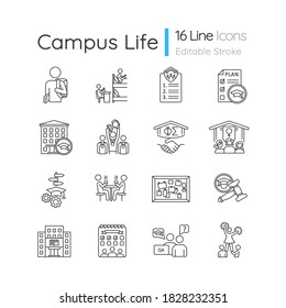 Campus life pixel perfect linear icons set. University and college. Student activities. Cheerleading and sports team. Customizable thin line contour symbols. Isolated vector outline illustrations