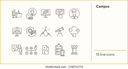 Campus line icon set. Activity, studying, gamification. College life concept. Can be used for topics like education, university, development