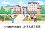 Campus park. American students outside university establishment, college knowledge education student talk school library house modern building exterior, vector illustration of education park campus