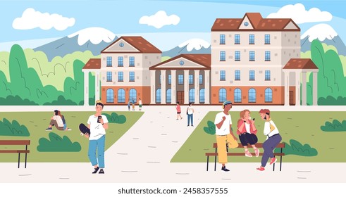 Campus park. American students outside university establishment, college knowledge education student talk school library house modern building exterior, vector illustration of education park campus