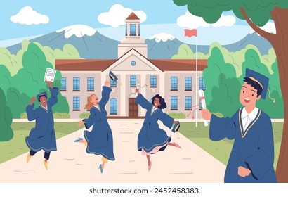 Campus park graduation. Happy graduates students in gown throwing hat, university graduate diploma certificate higher academic degree at college building vector illustration of university campus park