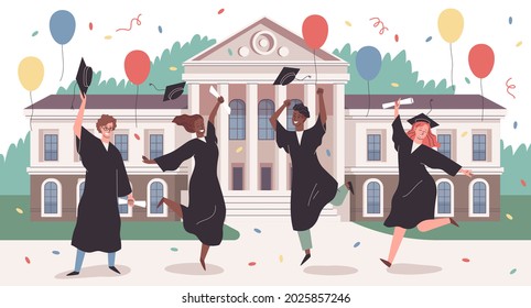 Campus park graduation. Happy students group jumping on university building backdrop, certificates in hands, boys and girls in student robes throw up caps. Vector cartoon isolated concept