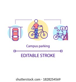 Campus parking concept icon. Facility and service for students. Lot for eco friendly transport. College life idea thin line illustration. Vector isolated outline RGB color drawing. Editable stroke