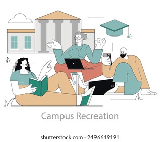 Campus Recreation Konzept. Studierende, die sich mit Technologie und Büchern außerhalb eines akademischen Gebäudes beschäftigen. Vektorgrafik.