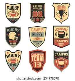 Campus rugby team emblems in flat style. Graphic design for t-shirt