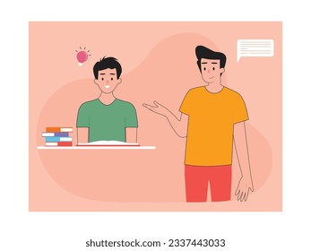 Campus seniors are helping new students to do assignments with a large pile of assignment books, studying together. Character designs. Vector flat illustration