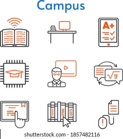 conjunto de campus. incluido ereader, chip, escritorio, profesor, tarea, libro, pantalla táctil, clic iconos. estilos bicolores.