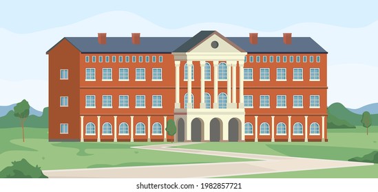 Campus of university building, college institution landscape scenery flat cartoon background. Vector town architecture bank or academy, high school institute. Retro library museum, green grass, trees