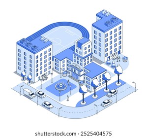 Campus and university - vector isometric illustration. The epicenter of student learning, a dormitory, a sports ground, a park with a fountain, a street and cars, people walking on a summer day