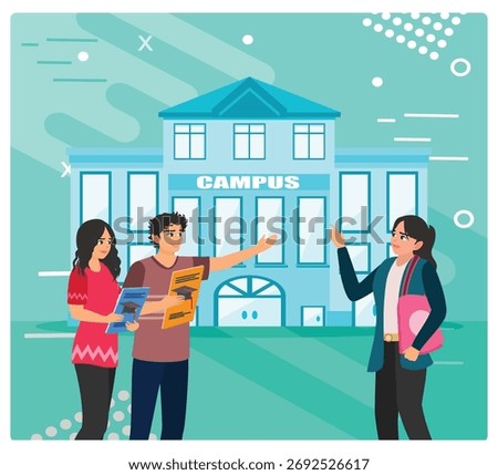 Campus visit concept. A lively campus scene with students discussing brochures in front of a modern university building, conveying friendship, guidance, and the bustle of campus life.