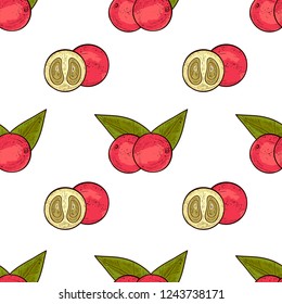 Camu camu. Leaves, berry. Background, wallpaper, seamless. Color. Sketch.