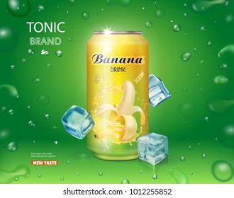 Can with banana juice package design advertising. Vector illustration