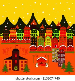 Can be printed and used as wrapping paper, wallpaper, textile, fabric, etc. Picture on yellow, orange and red colors. Vector illustration. Vector with houses and wild forest life with mountans.