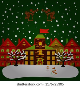 Can be printed and used as wrapping paper, wallpaper, textile, fabric, etc. Vector illustration. Picture on green, white and red colors. Vector with houses and wild forest life with mountans.