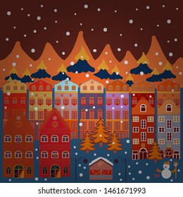 Can be printed and used as wrapping paper, wallpaper, textile, fabric, etc. Vector with houses and wild forest life with mountans. Picture on brown, blue and orange colors. Vector illustration.