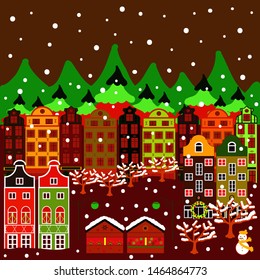 Can be printed and used as wrapping paper, wallpaper, textile, fabric, etc. Vector with houses and wild forest life with mountans. Picture on green, red and brown colors. Vector illustration.