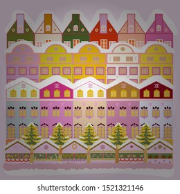 Can be printed and used as wrapping paper, wallpaper, textile, fabric, etc. Vector with houses and wild forest life with mountans. Picture on neutral, pink and white colors. Vector illustration.