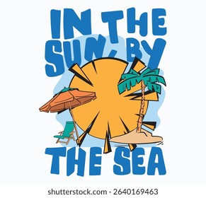 it can be t shirt prints or posters, vector eps format, summer theme, sun palm, beach umbrella and sunbed illustration.