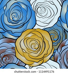 Can be use as digital paper, fills or print off onto fabric. Seamless pattern with stylized yellow, beige and blue roses. Vintage floral background.