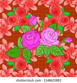 Can be use as digital paper, fills or print off onto fabric. Seamless pattern with stylized green, pink and orange roses with green leaves. Vintage floral background.