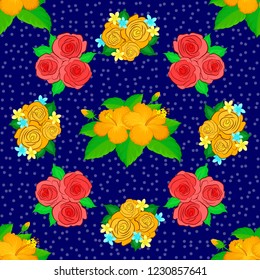 Can be use as digital paper, fills or print off onto fabric. Seamless pattern with stylized green, blue and yellow roses and green leaves. Vintage floral background.