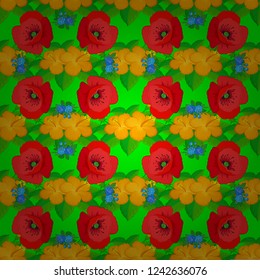 Can be use as digital paper, fills or print off onto fabric. Seamless pattern with multicolored stylized yellow, green and red poppies. Vintage floral background.