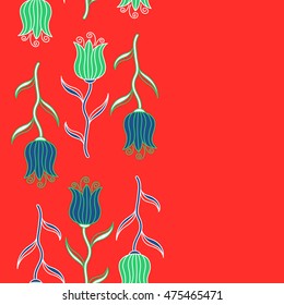 Can be use as digital paper, fills or print off onto fabric. Vintage floral background. Seamless pattern with stylized red, blue and green tulips.