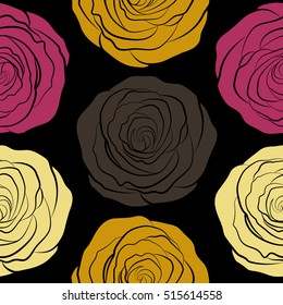Can be use as digital paper, fills or print off onto fabric. Seamless pattern with stylized brown, yellow and pink roses. Vintage floral background.