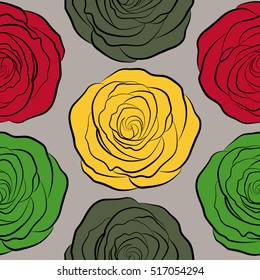 Can be use as digital paper, fills or print off onto fabric. Seamless pattern with stylized red, yellow and green roses. Vintage floral background.