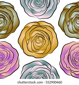 Can be use as digital paper, fills or print off onto fabric. Seamless pattern with stylized beige, neutral and yellow roses. Vintage floral background.