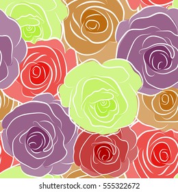 Can be use as digital paper, fills or print off onto fabric. Seamless pattern with stylized orange, purple and red roses. Vintage floral background.